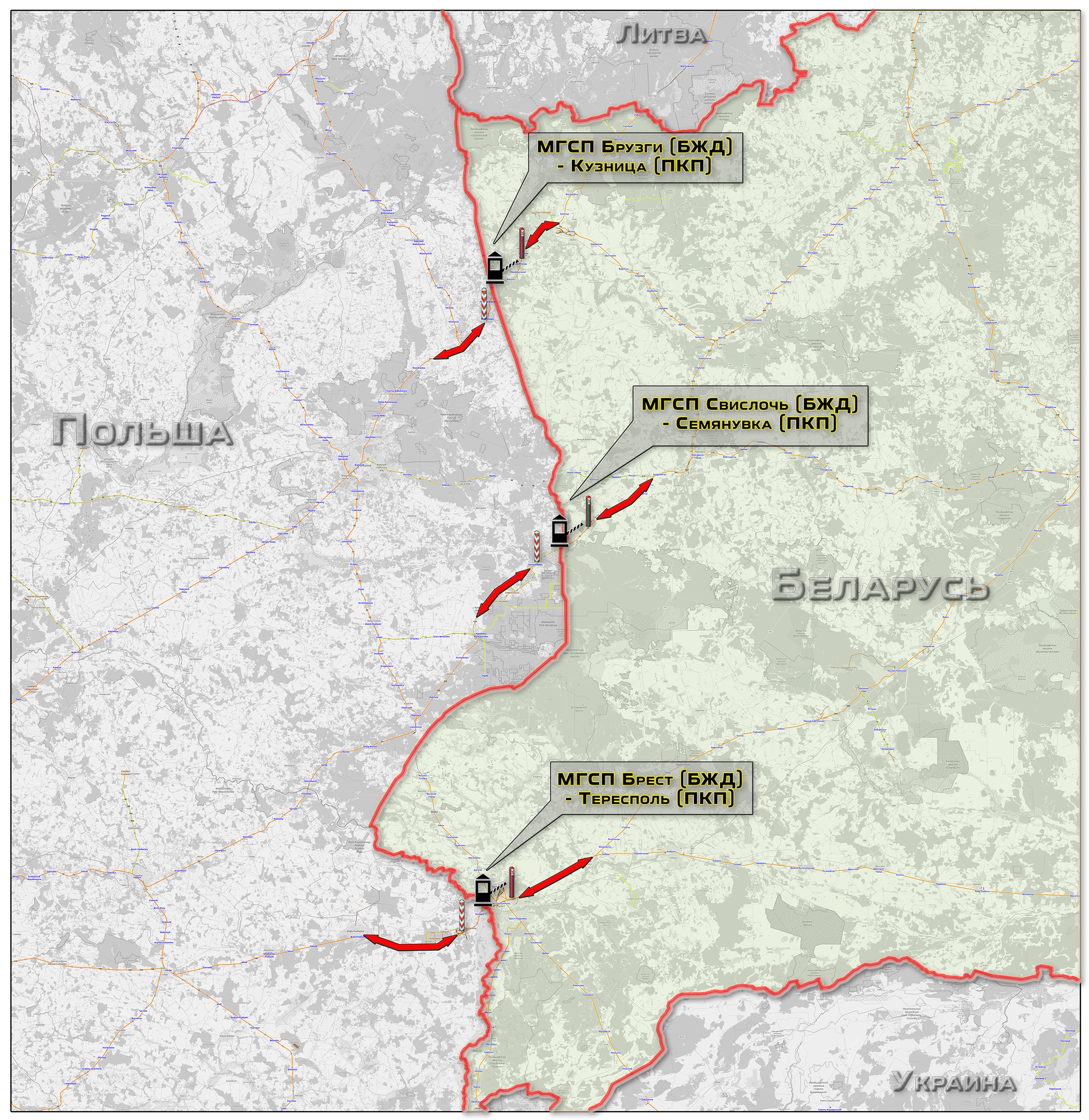 Расположение межгосударственных стыковых пунктов на границе между Польшей и Беларусью